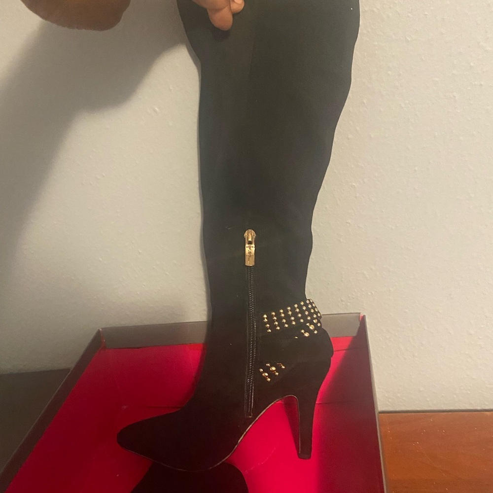 BCBGeneration Black and Gold Heeled Boots - Picture 4 of 10